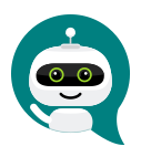 Friendly robot illustration, smiling and waving in teal chat balloon.